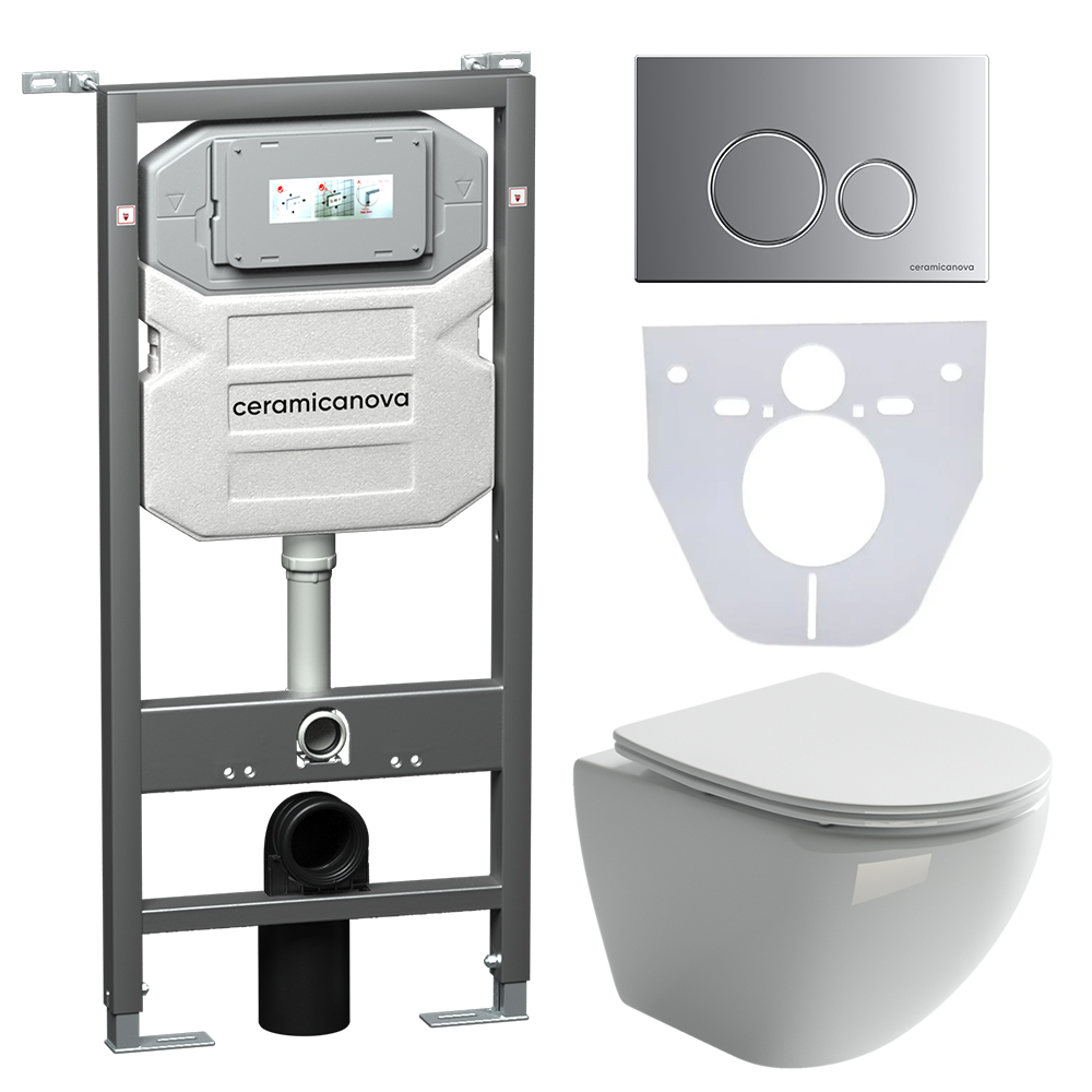 Сет 4 в 1 Инсталляция с кнопкой+унитаз+шумоизоляция CERAMICANOVA Подвесной унитаз Metropol+Шумоизоляционная панель+Система инсталляции с кнопкой Round цвет хром мат