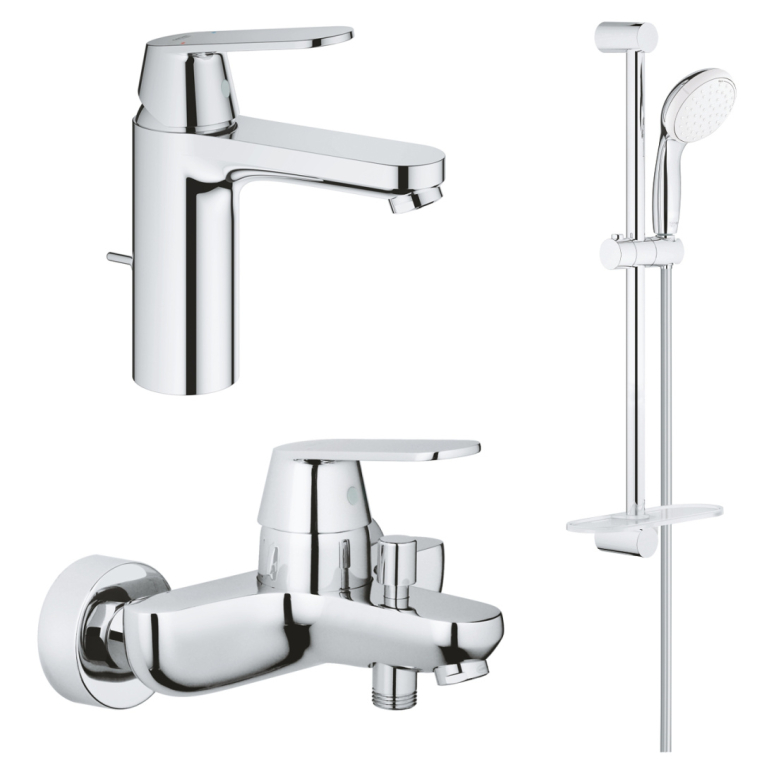 Комплект смесителей Grohe Eurosmart Cosmopolitan для раковины, ванны с душевым гарнитуром и полкой, хром (1000179)