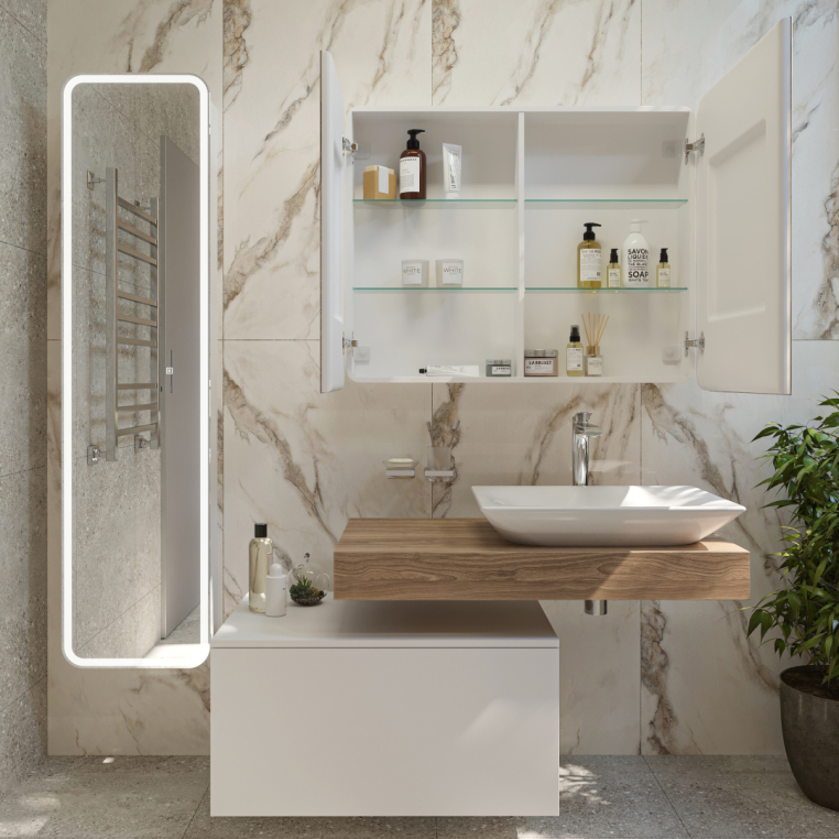 Зеркало-шкаф Stworki Ольборг МВК080 100, с подсветкой, навесное, белое, большое, в стиле лофт, с розеткой (МВК080)