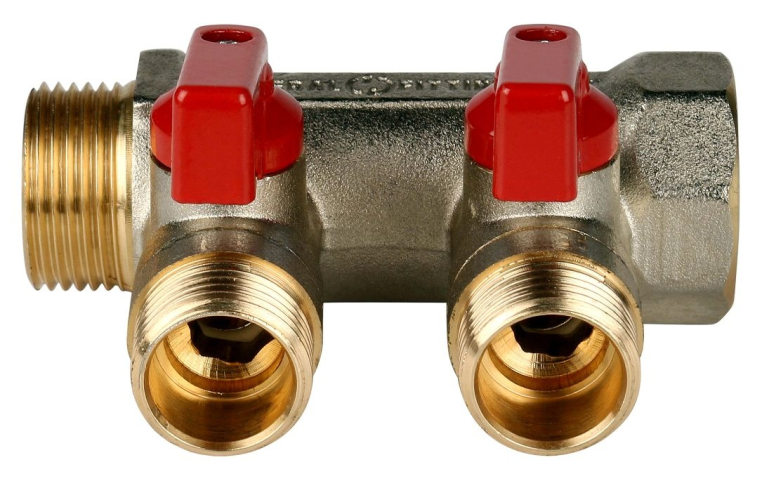 Коллектор с шаровыми кранами STOUT SMB 6200 341202 3/4", 2 отвода 1/2" (красные ручки)