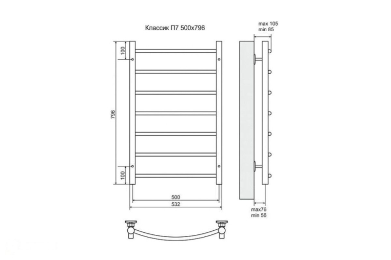 Электрический полотенцесушитель Terminus Классик П7 500x796 ТЭН Лев./Пр. (4660059920900)