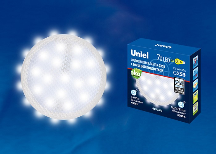 Лампа светодиодная Uniel GX53 7Вт 4000K LED-GX53-7W/4000K+4000K/GX53/PR PLB02WH