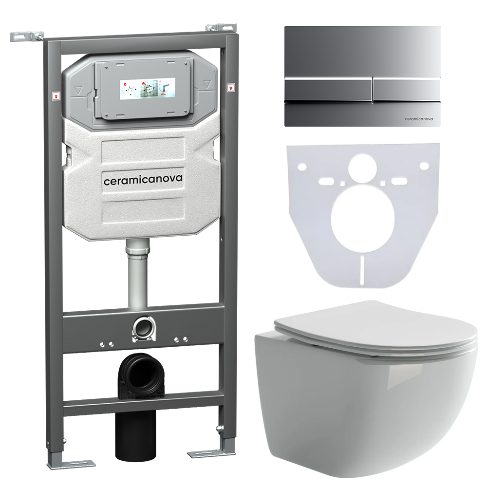 Сет 4 в 1 Инсталляция с кнопкой+унитаз+шумоизоляция CERAMICANOVA Подвесной унитаз Forma+Шумоизоляционная панель+Система инсталляции с кнопкой Flat цвет хром матовый