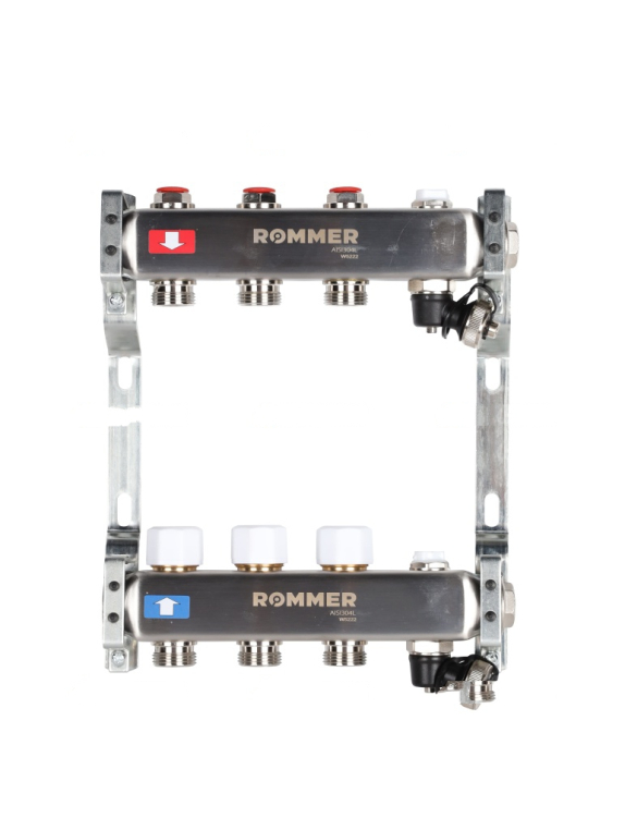 RMS-3201-000003 ROMMER Коллектор из нержавеющей стали без расходомеров, с клапаном вып. воздуха и сливом 3 вых.