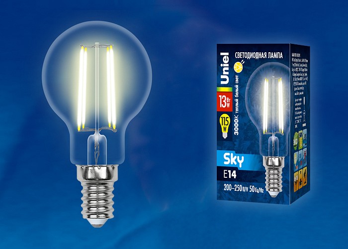 Лампа светодиодная Uniel E14 13Вт 3000K LED-G45-13W/3000K/E14/CL PLS02WH картон