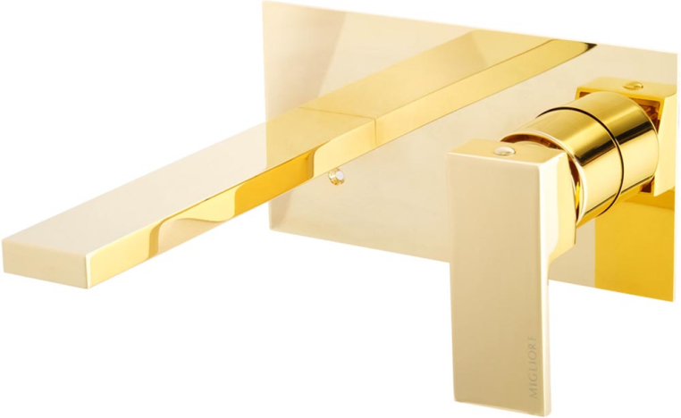 Смеситель для раковины скрытого монтажа настенный Migliore Kvant Gold 25396 плоский излив золото