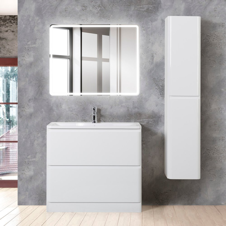 Комплект мебели BelBagno Albano 90 напольная, bianco lucido (ALBANO-900-2C-PIA-BL+BB900/455-LV-MR-ALR+SPC-MAR-900-800-LED-BTN)