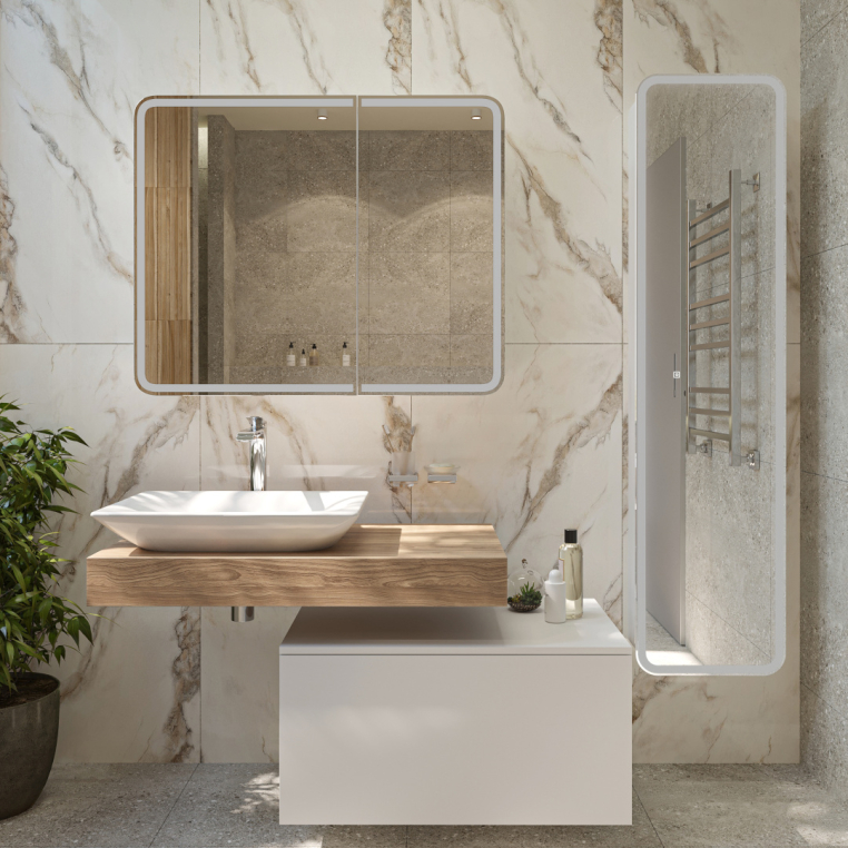 Зеркало-шкаф Stworki Ольборг МВК080 100, с подсветкой, навесное, белое, большое, в стиле лофт, с розеткой (МВК080)