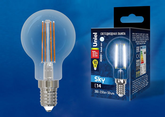 Лампа светодиодная Uniel E14 11Вт 4000K LED-G45-11W/4000K/E14/CL PLS02WH картон