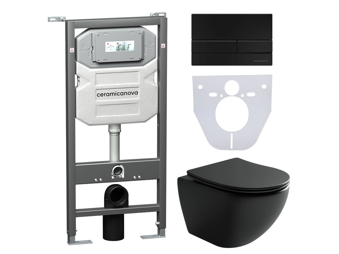Сет 4 в 1 Инсталляция с кнопкой+унитаз+шумоизоляция CERAMICANOVA Подвесной унитаз Metropol+Шумоизоляционная панель+Система инсталляции с кнопкой Flat цвет чёрн.мат