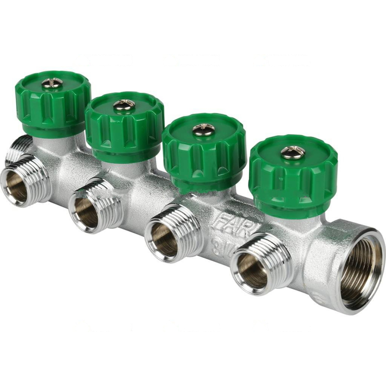 FK 3824 3412 FAR Коллектор распределительный 3/4", проходной, хромированный, 4 отвода 1/2" ЕК