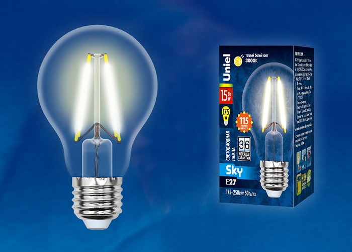 Лампа светодиодная Uniel E27 15Вт 3000K LED-A60-15W/3000K/E27/CL PLS02WH