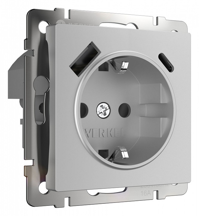 Розетка с заземлением, шторками и 2хUSB, без рамки Werkel серебряный W1171706