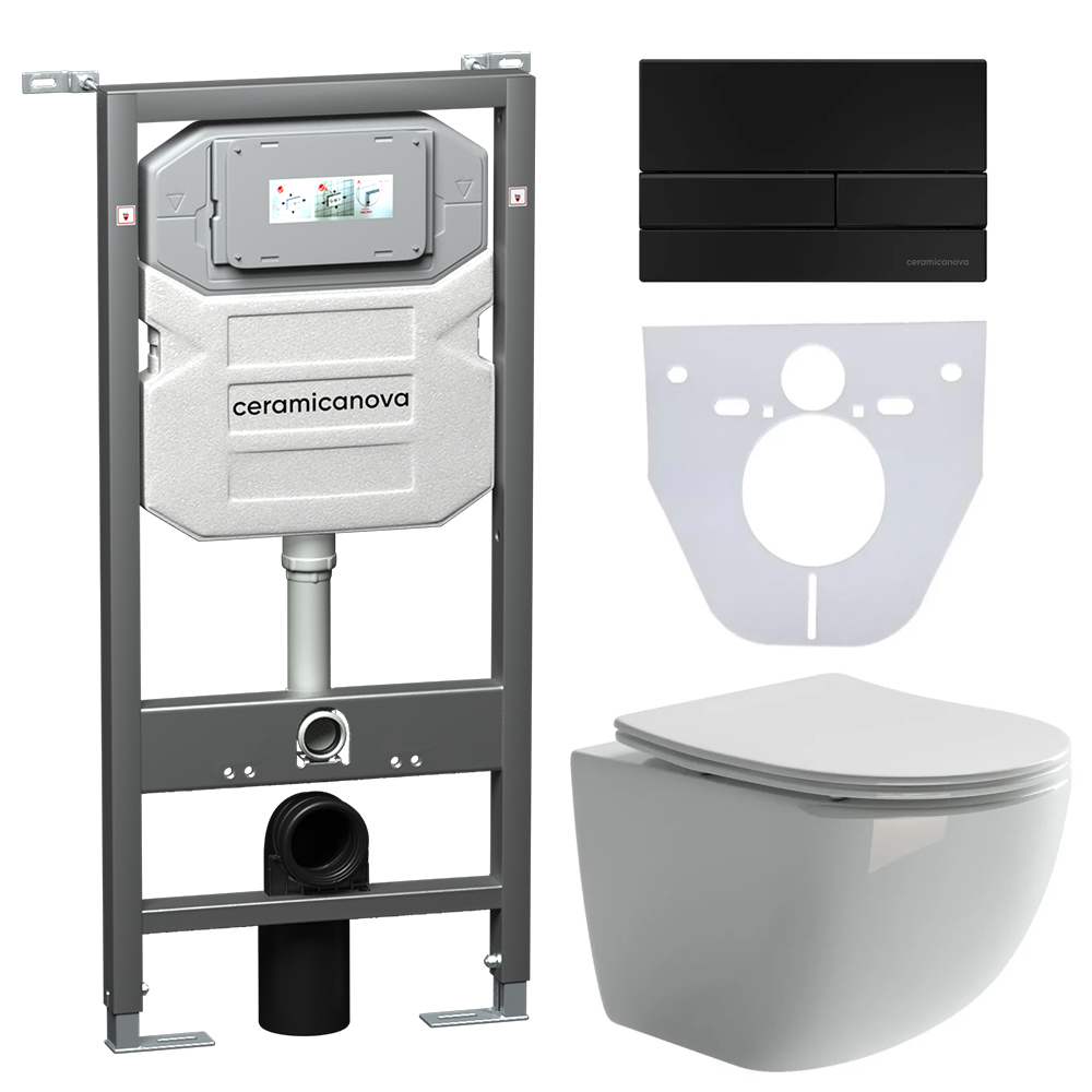 Сет 4 в 1 Инсталляция с кнопкой+унитаз+шумоизоляция CERAMICANOVA Подвесной унитаз Forma+Шумоизоляционная панель+Система инсталляции с кнопкой Flat цвет чёрн.матовый