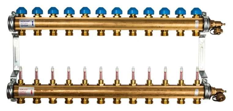 Коллектор для теплого пола из латуни с расходомерами Watts HKV/T-12 12 вых.