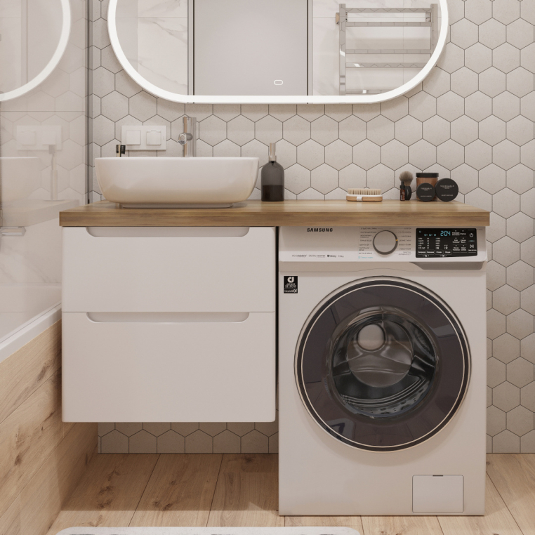 Тумба с раковиной Stworki Берген 60 белая со светлой столешницей 122, Moduo 50 Square, R