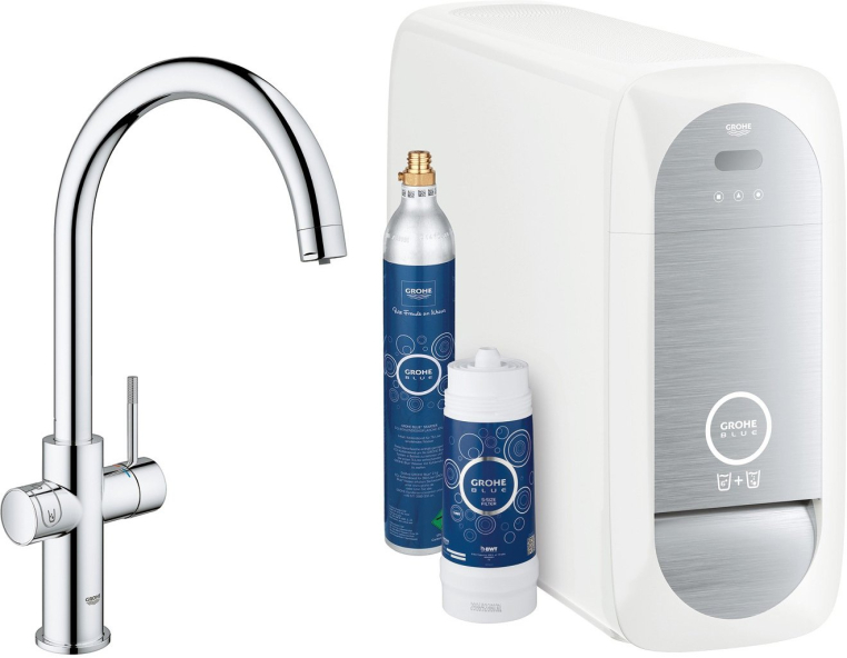 Смеситель для кухни GROHE Blue Home 31455000 с функциями фильтрации, охлаждения и газирования водопроводной воды (фильтр в комплекте), хром