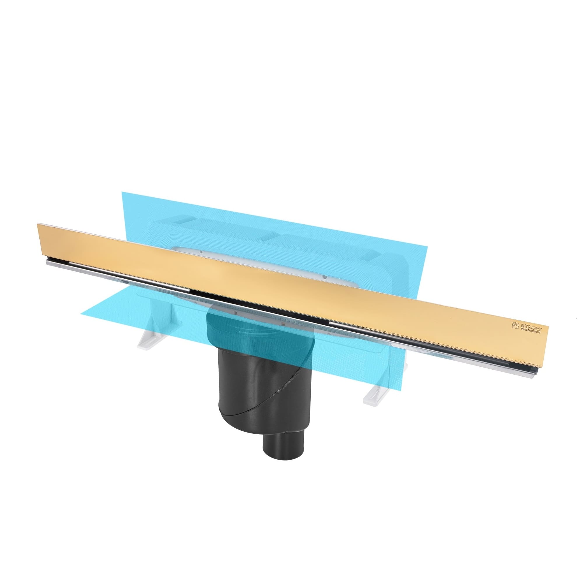 Желоб BERGES водосток WALL 600 пристенный, золото глянец, S-сифон D50/105 H50 вертикальный