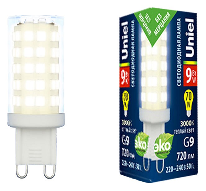 Лампа светодиодная Uniel G9 9Вт 3000K LED-JCD-9W/3000K/G9/CL GLZ09TR картон