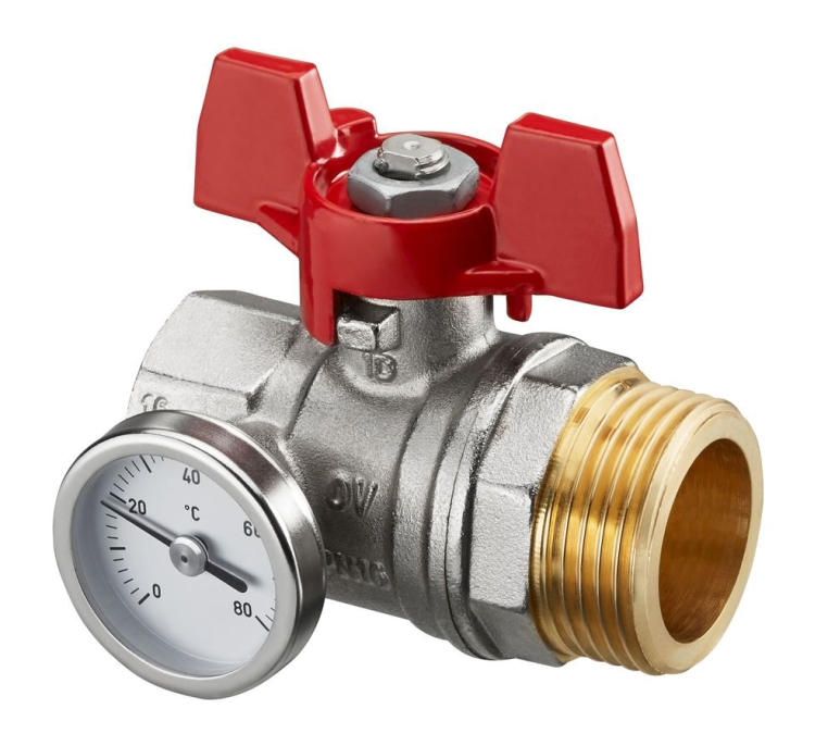 Шаровой кран с плоским уплотнением Ду20, G3/4"BP x G1"HP, с термометром (0–80 °C), с красным маховиком Oventrop 1406483 (1406483 )