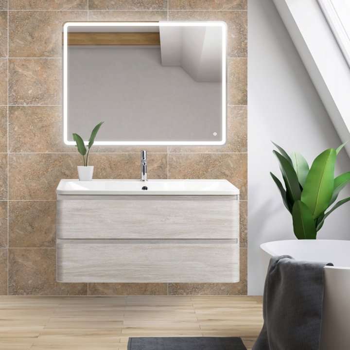 Комплект мебели BelBagno Albano 100 подвесная, rovere vintage bianco (ALBANO-1000-2C-SO-RVB+BB1000/455-LV-MR-ALR+SPC-MAR-1000-800-LED-TCH)