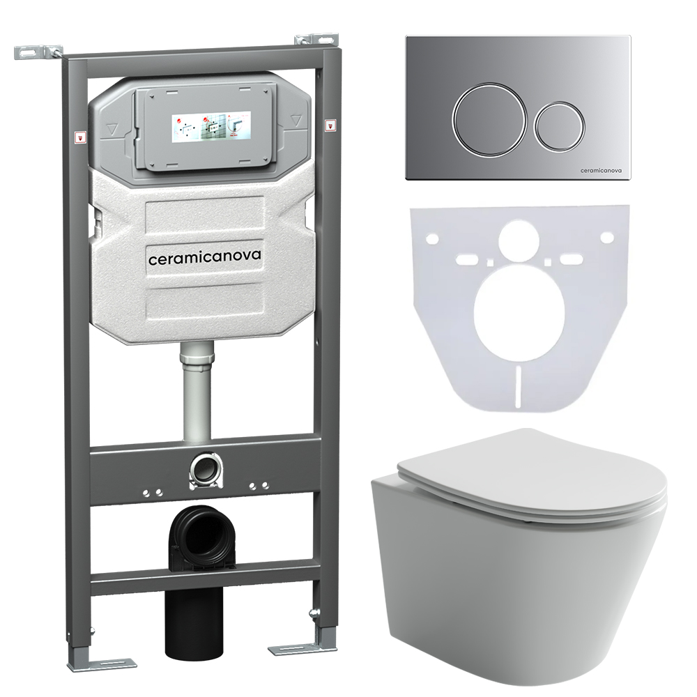 Сет 4 в 1 Инсталляция с кнопкой+унитаз+шумоизоляция CERAMICANOVA Подвесной унитаз Balearica+Шумоизоляционная панель+Система инсталляции с кнопкой Round цвет хром мат