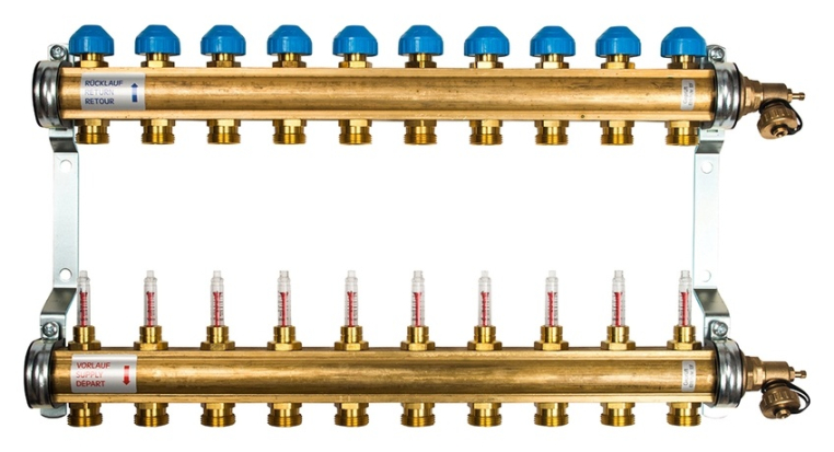Коллектор для теплого пола из латуни с расходомерами Watts HKV/T-10 10 вых.