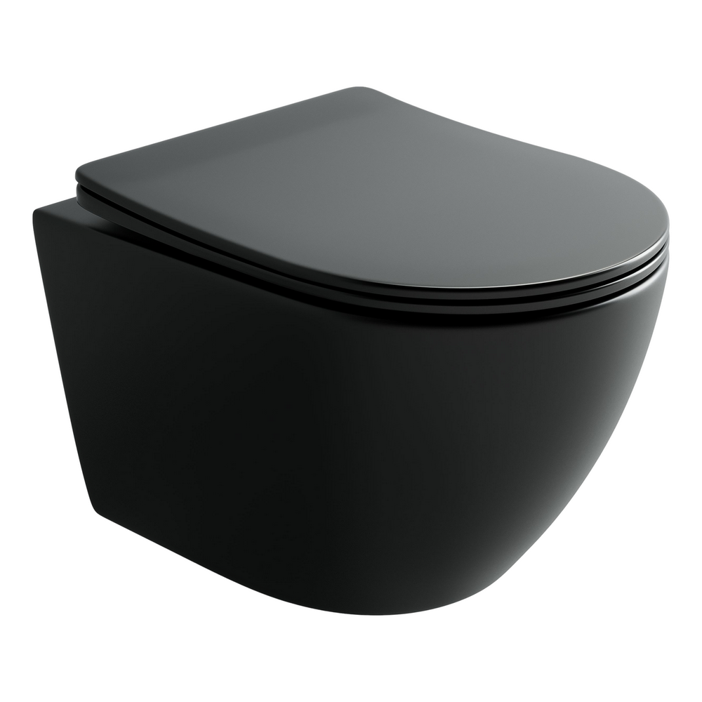 Подвесной унитаз UNO безободковый, смыв Торнадо, с крепежом для полностью скрытого монтажа, ультратонким сидением с функцией быстрого снятия и крышкой с функцией плавного закрытия, цвет черный матовый