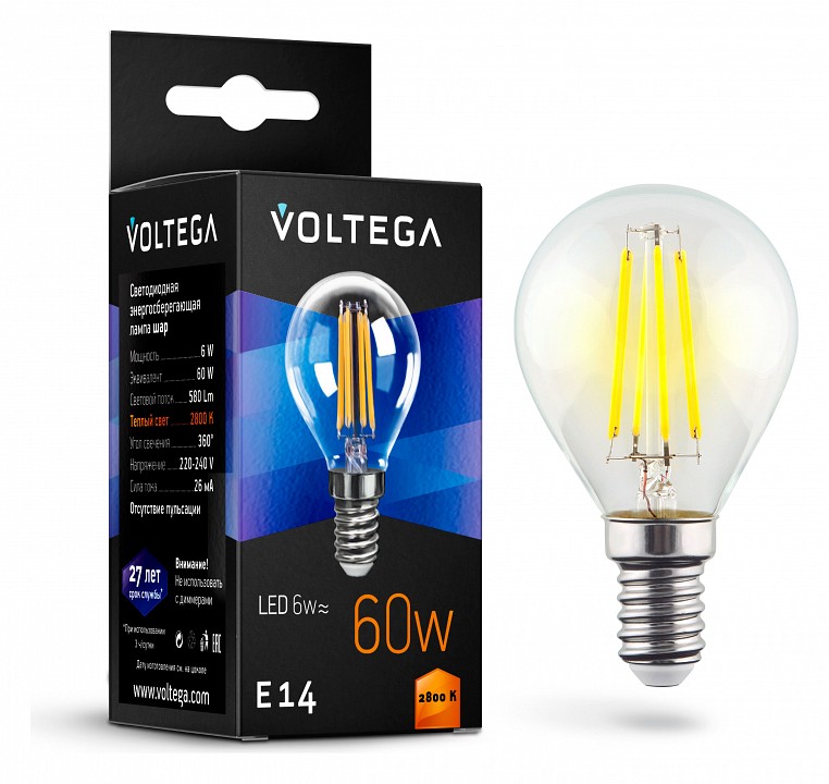 Лампа светодиодная Voltega Crystal E14 6Вт 2800K VG10-G1E14warm6W-F