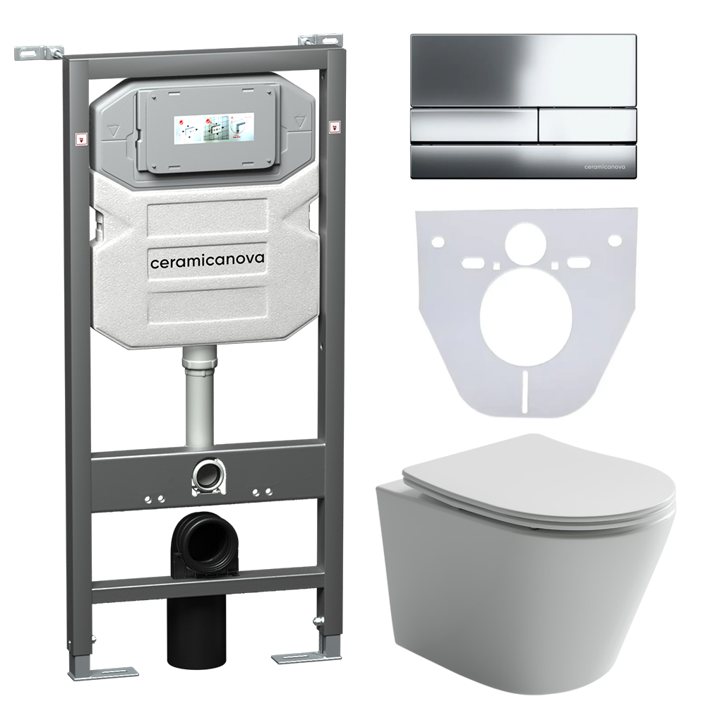 Сет 4 в 1 Инсталляция с кнопкой+унитаз+шумоизоляция CERAMICANOVA Подвесной унитаз Balearica Rimless+Шумоизоляционная панель+Система инсталляции с кнопкой Flat цв. хр