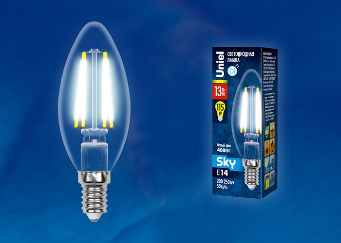 Лампа светодиодная Uniel E14 13Вт 4000K LED-C35-13W/4000K/E14/CL PLS02WH картон