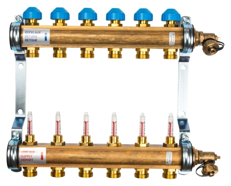 Коллектор для теплого пола из латуни с расходомерами Watts HKV/T-6 6 вых.