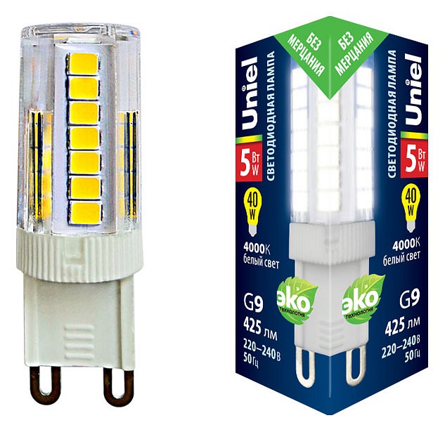 Лампа светодиодная Uniel G9 5Вт 4000K LED-JCD-5W/4000K/G9/CL GLZ09TR картон