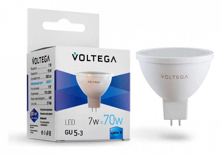 Лампа светодиодная Voltega Simple GU5.3 7Вт 4000K VG2-S2GU5.3cold7W