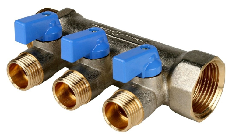 Коллектор с шаровыми кранами STOUT SMB 6201 011203 1", 3 отвода 1/2" (синие ручки)