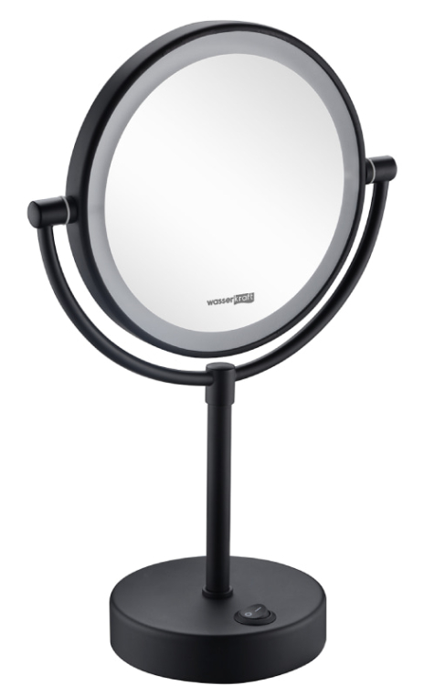 Зеркало WasserKraft K-1005BLACK с LED-подсветкой двухстороннее, стандартное и с 3-х кратным увеличением