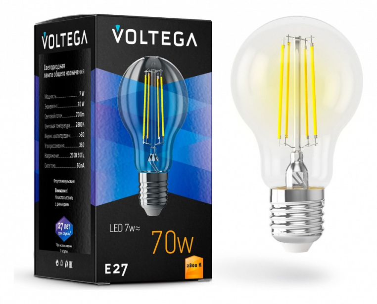 Лампа светодиодная Voltega Crystal E27 7Вт 2800K VG10-A60E27warm7W-F