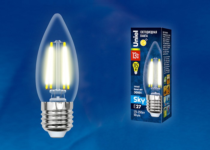 Лампа светодиодная Uniel E27 13Вт 3000K LED-C35-13W/3000K/E27/CL PLS02WH картон