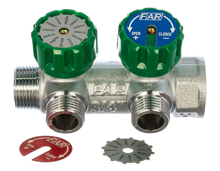 Far Регулирующий проходной коллектор ВР-НР 3/4" с 2 отводами 1/2" FK 3821 3412 TP плоское уплотнение (FK 3821 3412TP)