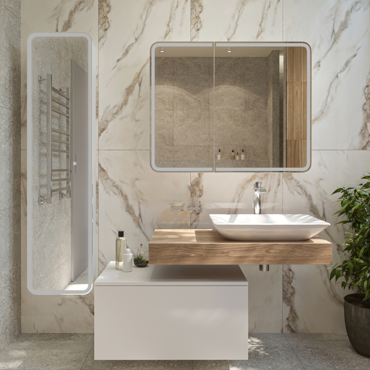 Зеркало-шкаф Stworki Ольборг МВК080 100, с подсветкой, навесное, белое, большое, в стиле лофт, с розеткой (МВК080)