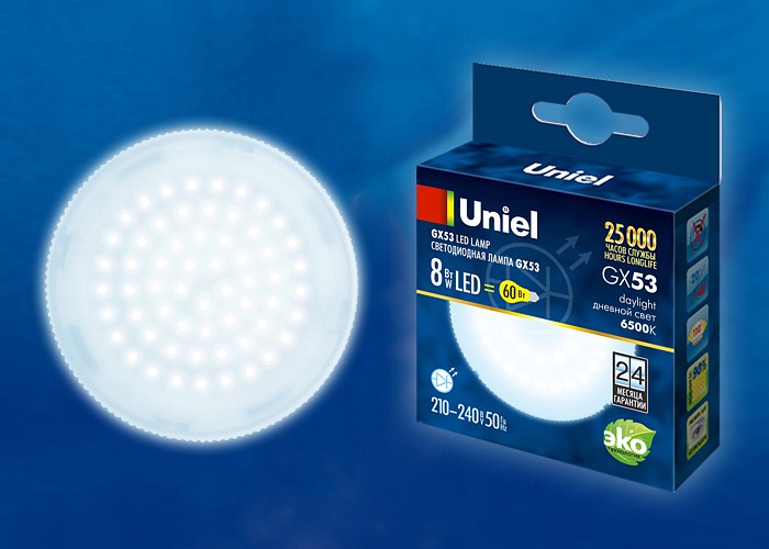 Лампа светодиодная Uniel GX53 8Вт 6500K LED-GX53-8W/6500K/GX53/FR PLZ01WH картон