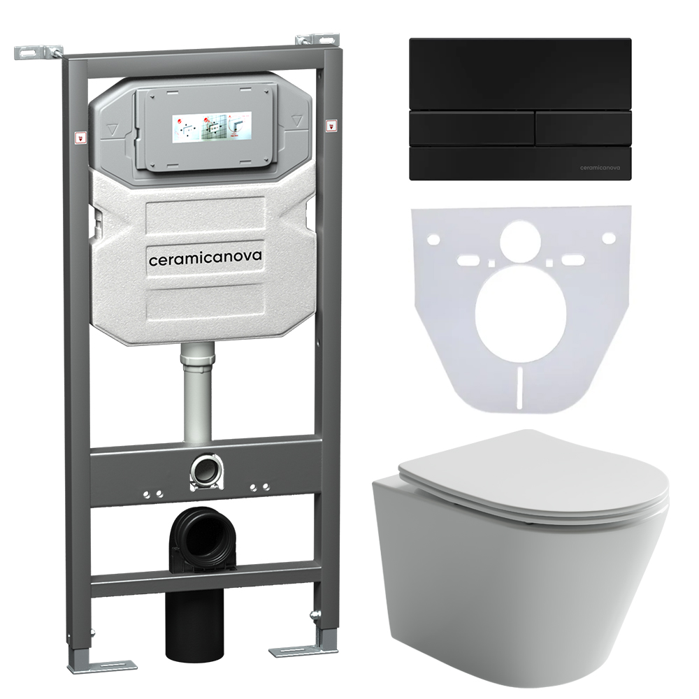 Сет 4 в 1 Инсталляция с кнопкой+унитаз+шумоизоляция CERAMICANOVA Подвесной унитаз Balearica+Шумоизоляционная панель+Система инсталляции с кнопкой Flat цв. черный мат