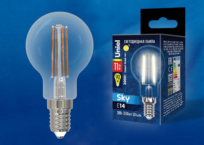 Лампа светодиодная Uniel E14 11Вт 3000K LED-G45-11W/3000K/E14/CL PLS02WH картон