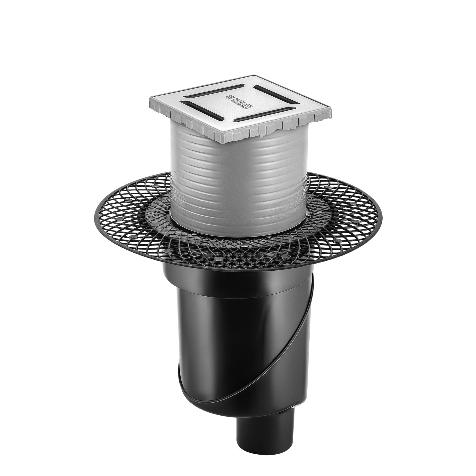 Трап BERGES водосток PLATZ Norma 100х100, матовый хром, S-сифон D50/105 H50 вертикальный