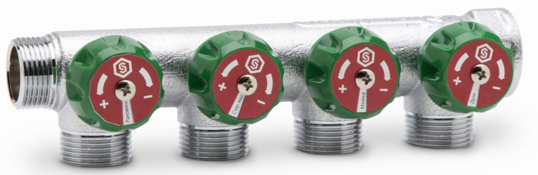 Stout Регулирующий проходной коллектор ВР-НР 1" c 4 отводами 3/4" ЕК (SMB-6850-013404)
