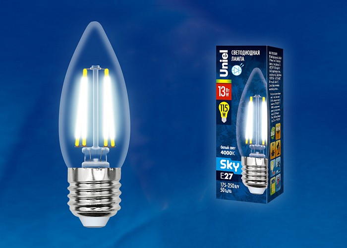 Лампа светодиодная Uniel E27 13Вт 4000K LED-C35-13W/4000K/E27/CL PLS02WH картон
