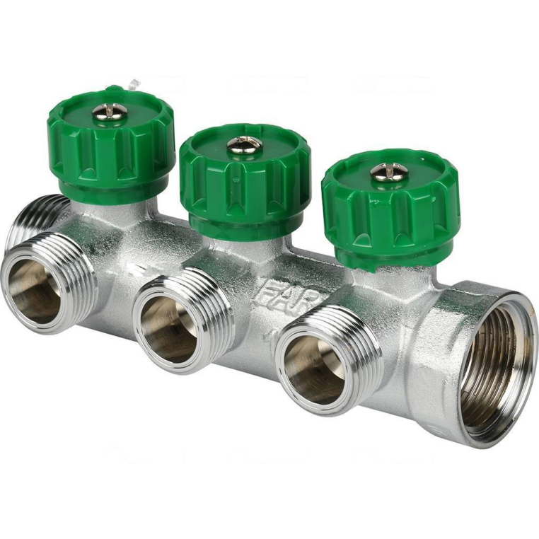 FK 3822 134TP FAR Коллектор распределительный 1", проходной, хромированный, 3 отвода 3/4" плоское уплотнение