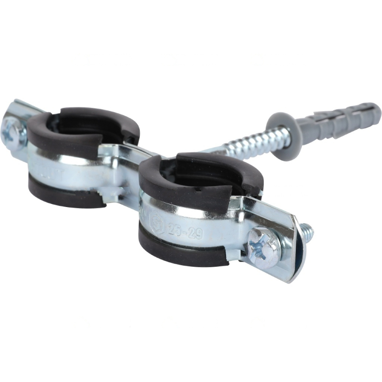 SAC-0020-200034 STOUT Двойной хомут для труб, комплект: хомут+шпилька шуруп +дюбель пластиковый 3/4"(25-29)