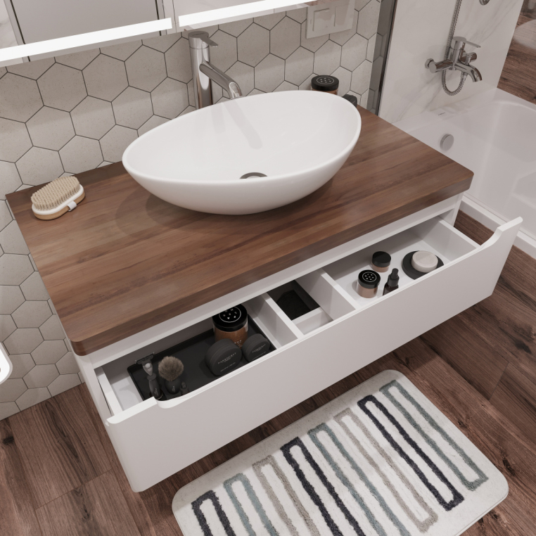 Мебель для ванной Stworki Берген 100 белая с темной столешницей, раковина Moduo 55 Leaf