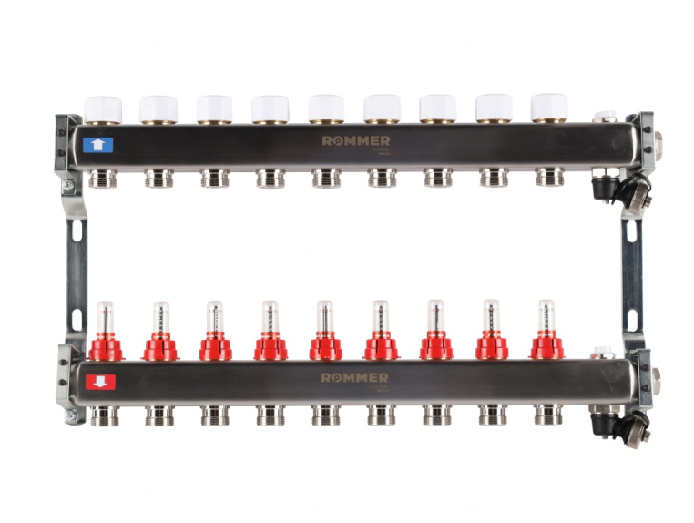 RMS-1201-000009 ROMMER Коллектор из нержавеющей стали с расходомерами, с клапаном вып. воздуха и сливом 9 вых.